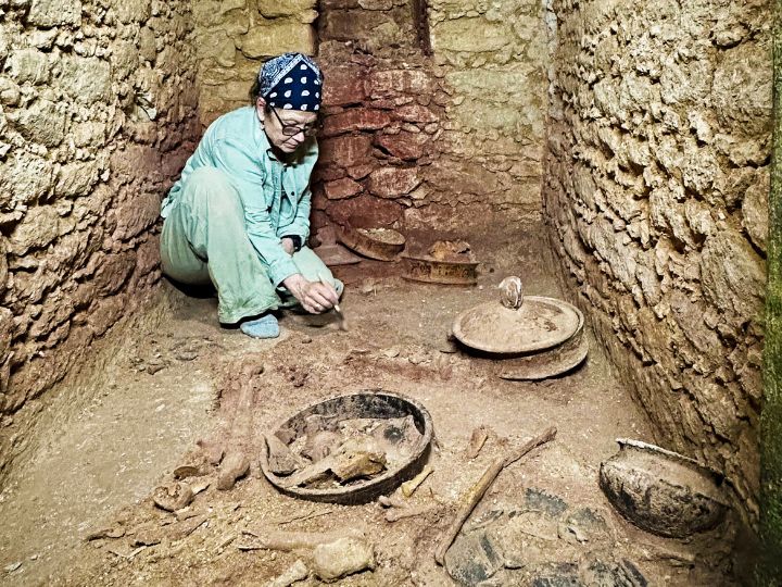 Archaeologist Diane Chase in the recently excavated tomb. Credit: University of Houston