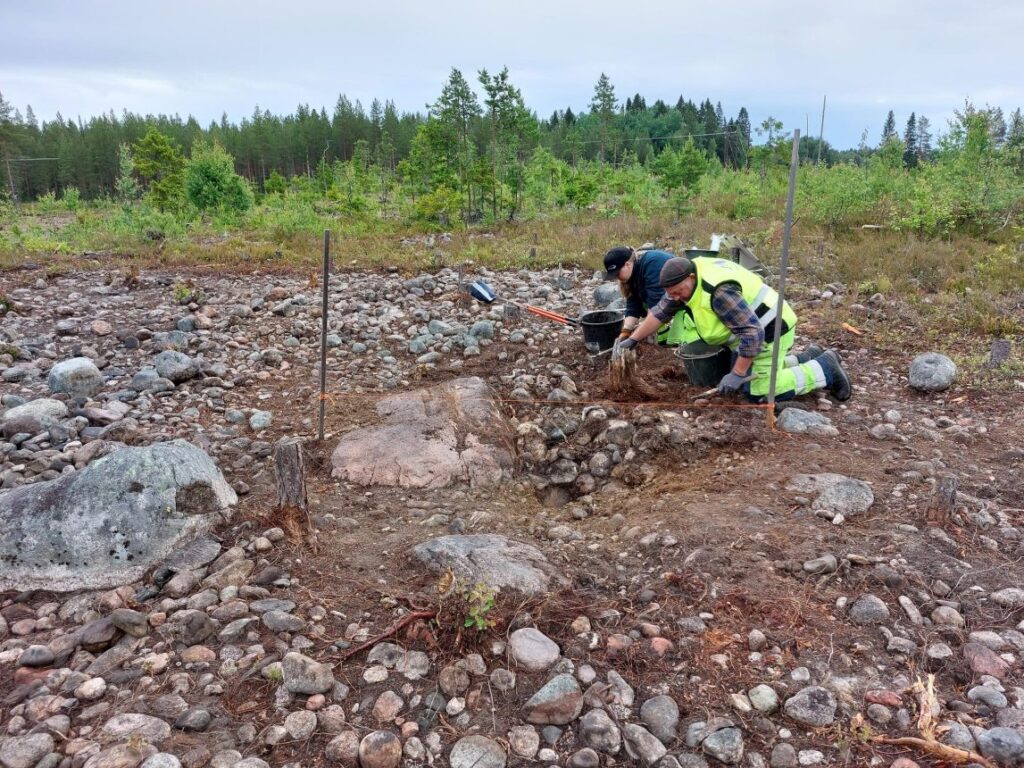 Arwo Pajusi and Josefin Matala are examining one of the stone settings. Credit: Arkeologerna