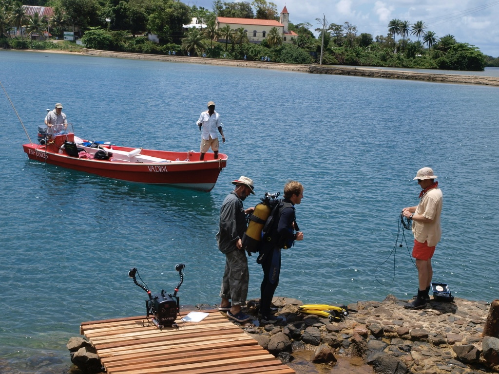 Brandon Clifford and the research team prepare for a dive in the calm waters of Ambodifotatra Bay near Îlot Madame, a historic pirate hotspot off Sainte-Marie, Madagascar. Credit: Center for Historic Shipwreck Preservation.