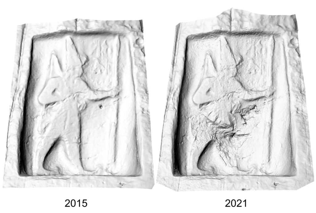 Comparison of photogrammetric scans from 2015 and 2021 showing damage inflicted in 2019. Credit: Public Domain