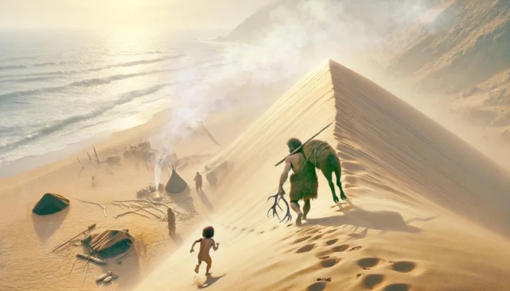Reconstituted scene of Neanderthals at the Monte Clérigo tracksite, based on AI-generated models and finalized by artist J.M. Galán. Created under scientific guidance to visualize prehistoric activity in the Portuguese dune landscape.