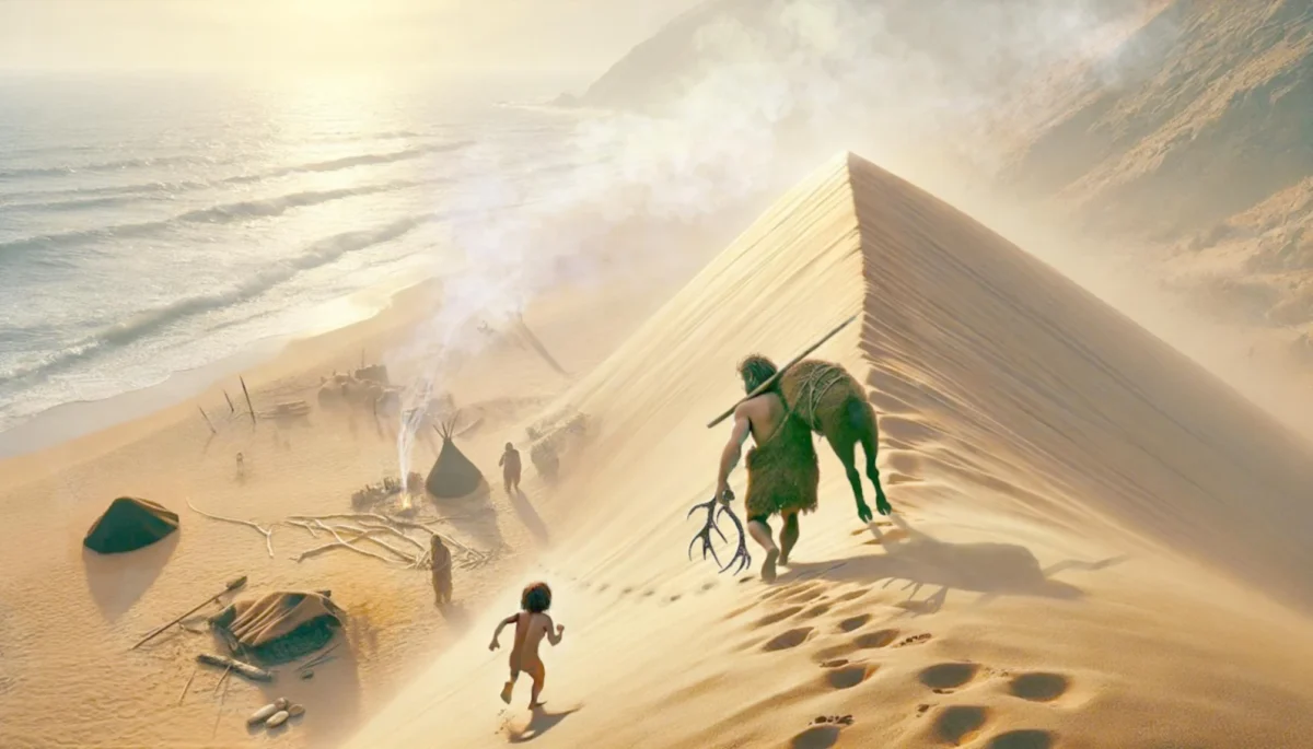 Reconstituted scene of Neanderthals at the Monte Clérigo tracksite, based on AI-generated models and finalized by artist J.M. Galán. Created under scientific guidance to visualize prehistoric activity in the Portuguese dune landscape.