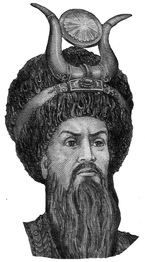 A modern depiction of Oghuz Khagan as the two-horned Zulqarnayn on a 100 Turkmenistan manat banknote. Credit: Public Domain