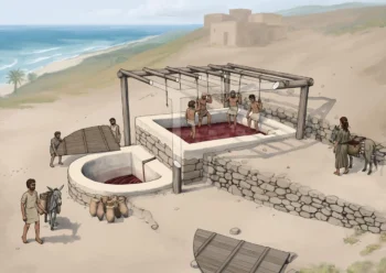 Reconstruction of the wine press at Tell el-Burak. Credit: A. Orsingher et al., Antiquity (2020)