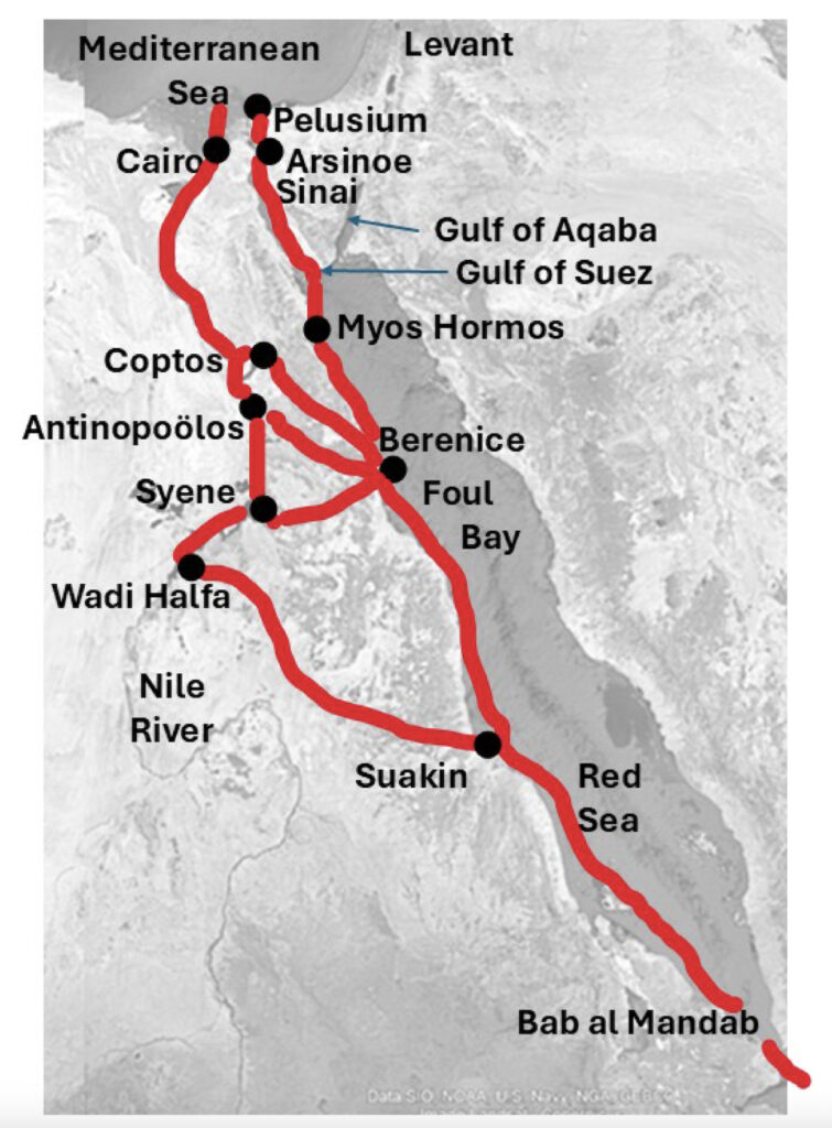 Reference map showing natural features cited, cities and known routes connecting the Nile River, Foul Bay, Gulf of Suez, Red Sea and Mediterranean Sea throughout history.
Credit: Dobson et al.