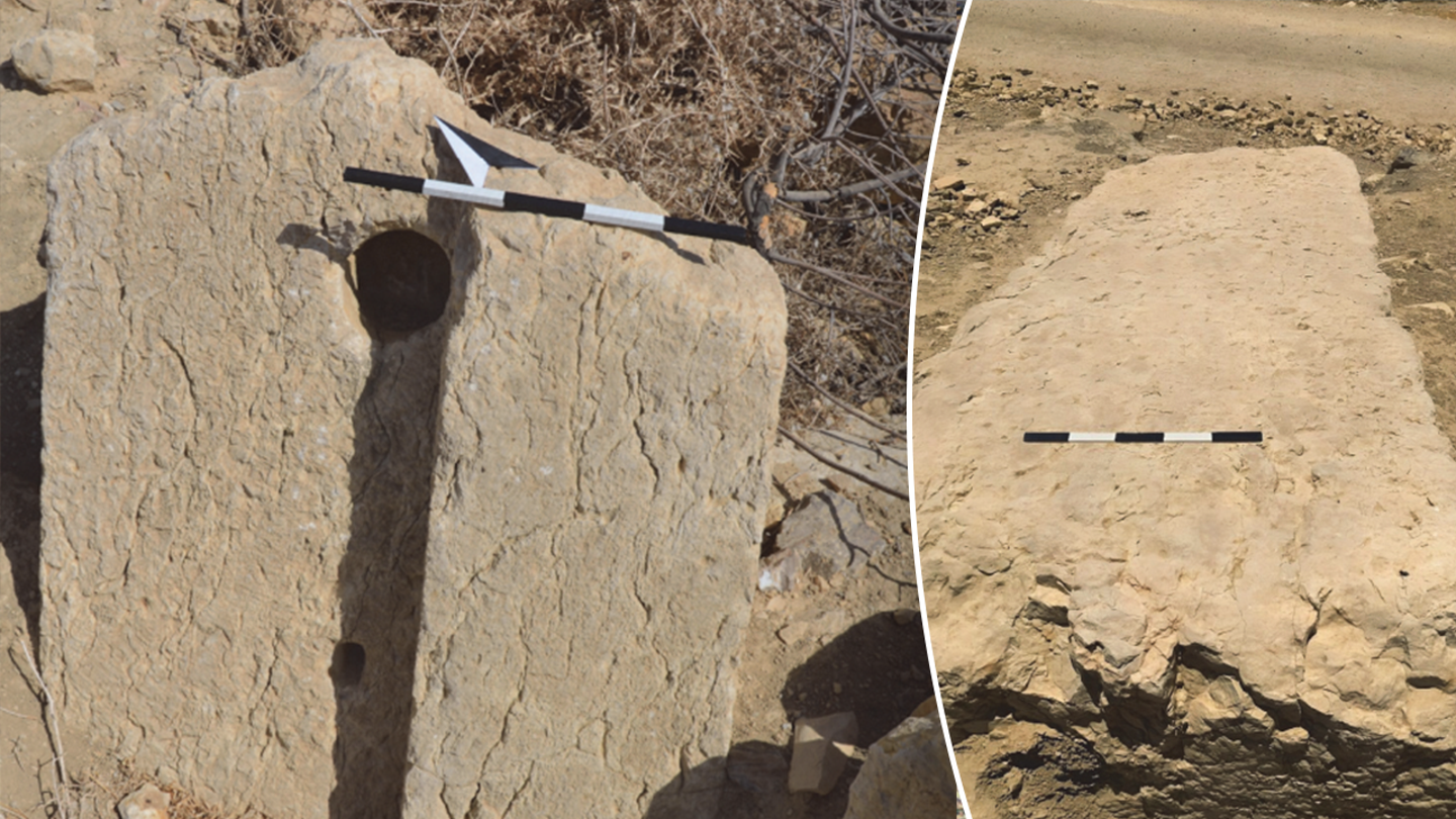 Archaeologists uncovered a section of the church’s main entrance frame (left) along with a preserved portion of its front façade (right), providing key architectural clues to the site's Byzantine origins. Credit: Musallam R. Al-Rawahneh