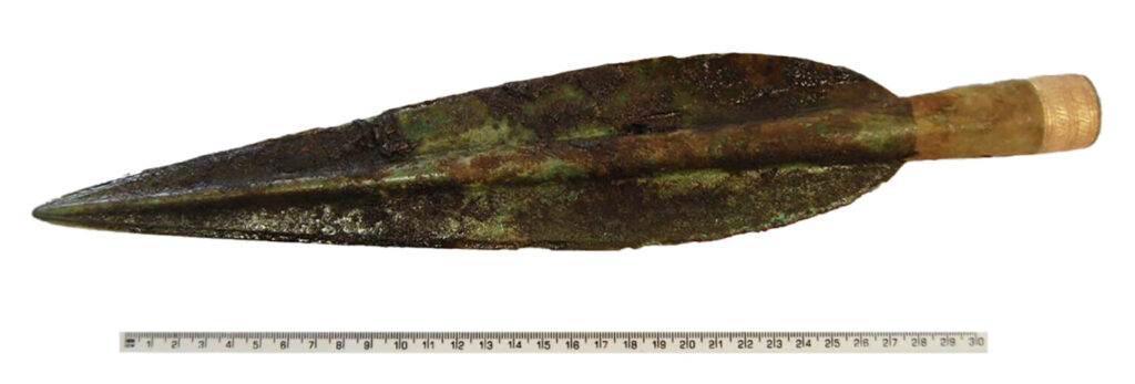The Carnoustie gold decorated bronze spearhead. Credit: GUARD Archaeology