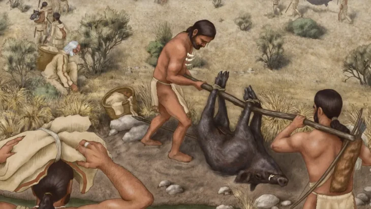 Artistic reconstruction of early humans transporting a wild boar across rugged terrain to a communal feast in ancient Iran. (Illustration by Kathryn Killackey)