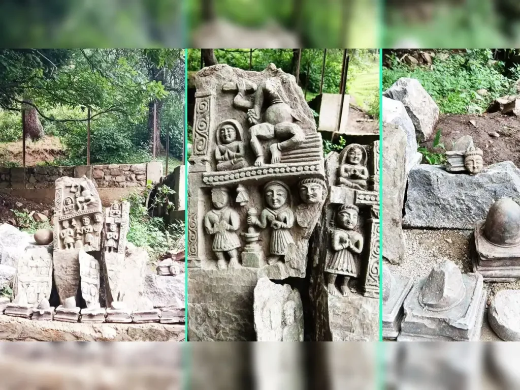 Ancient stone idols, including intricately carved Shivlings, unearthed during spring restoration work at Karkoot Nag in Anantnag district, Jammu & Kashmir. | Credit: PTI Photo
