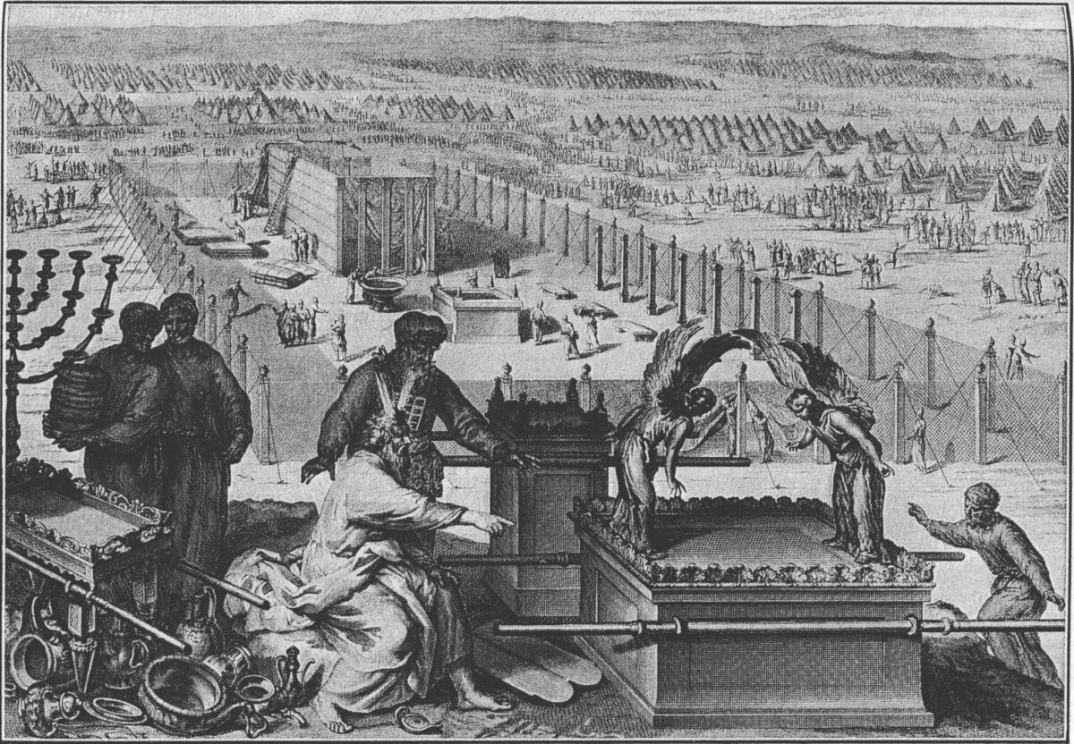 1728 illustration of the Ark at the erection of the Tabernacle and the sacred vessels, as in Exodus 40:17–19. Public Domain