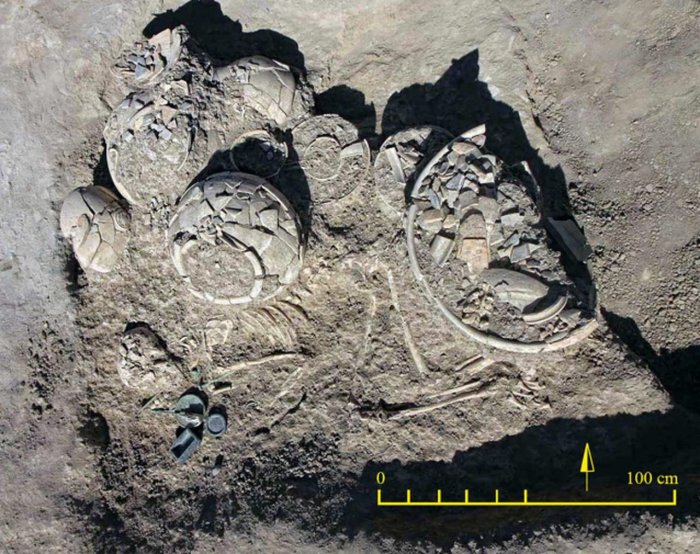 A general view of Grave 12 unearthed at Tepe Chalow and the position of burial goods in the grave. Credit: Vahdati et al. 2025