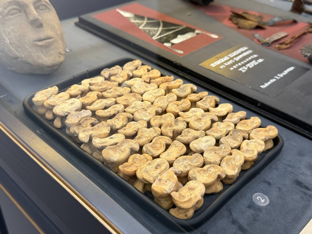 Along the river Bolshoy Zelenchuk, archaeologists discovered a complete set of 59 carved sheep bones — gaming pieces known as alchiki — dating back 600–700 years to the Golden Horde period.  Credit: Riakchr