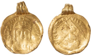 The 19.6mm (0.7in) diameter high quality gold coin pendant is the first evidence of "elite groups of people" in the Thaxted area in the 6th Century. Credit: Colchester and Ipswich Museum Services