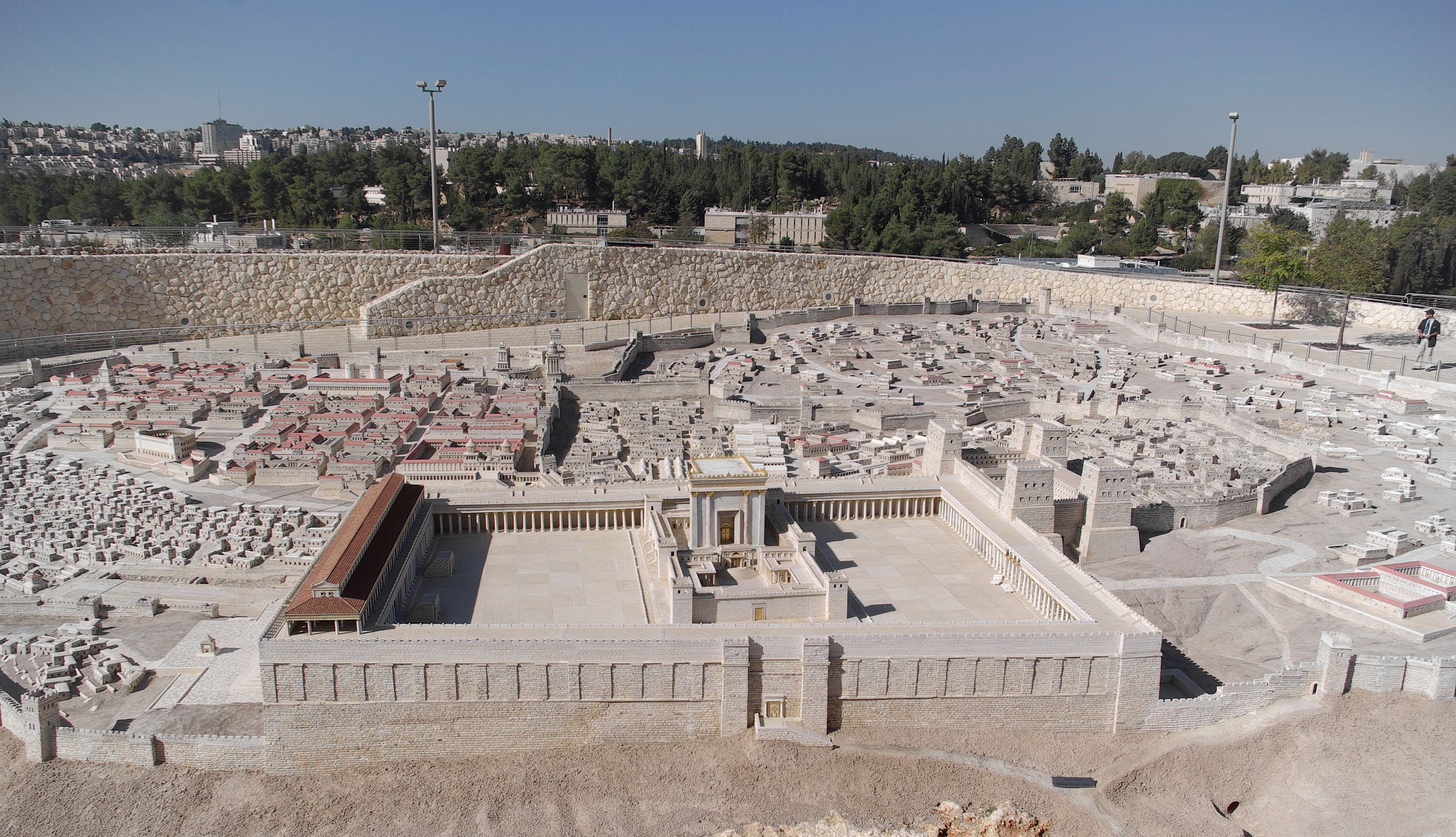 The Holyland Model of Jerusalem depicts Jerusalem during the late Second Temple period. The Temple Mount and Herod's Temple are shown in the middle. View from the east. Public Domain