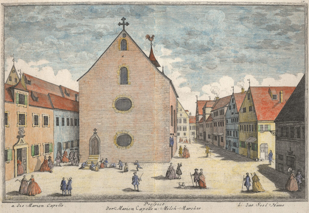 Johann Friedrich Schmidt, Kapellenplatz and synagogue as the Marienkapelle from the west, 1762. Credit: Rothenburg Museum