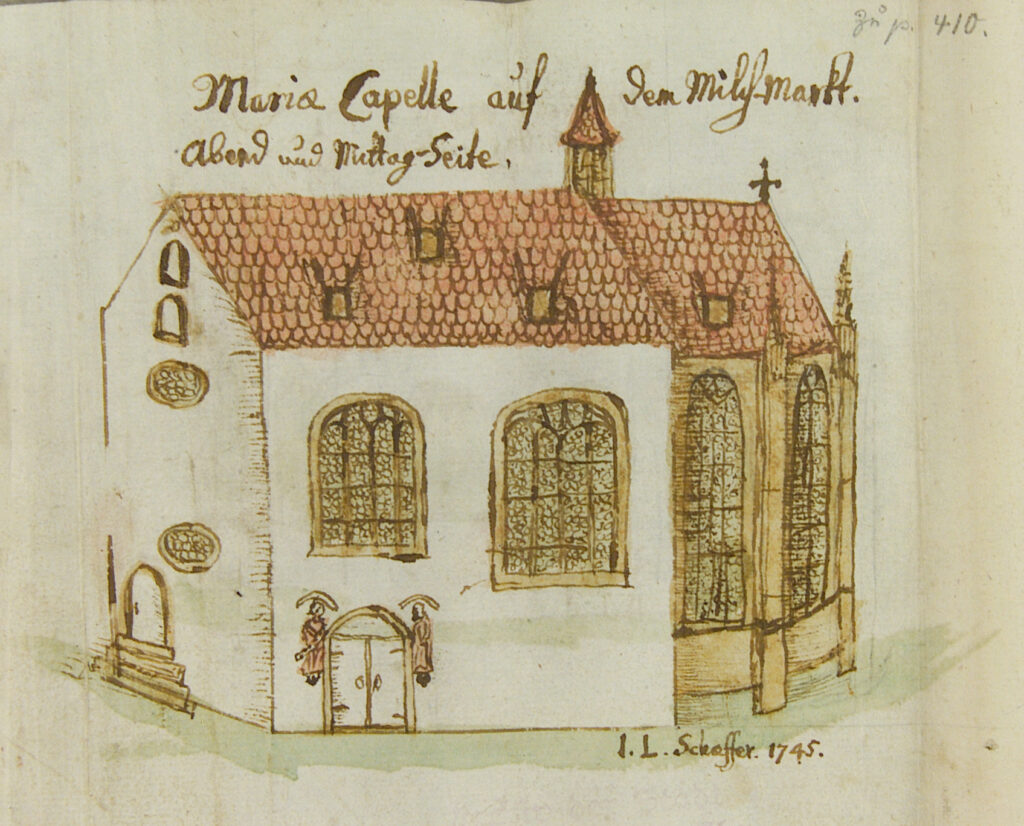 Johann Ludwig Schäfer, view of the synagogue as the Marienkapelle on Milchmarkt (Kapellenplatz), south and west sides, 1745. Credit: Rothenburg City Archives