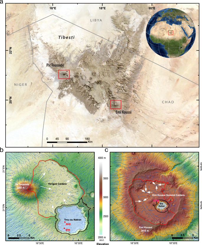 Satellite image of the Tibesti Mountains and close-up maps of the Trou au Natron and Era Kohor craters. Credit: Hoelzmann, P., Claussen, M., Dallmeyer, A. et al.