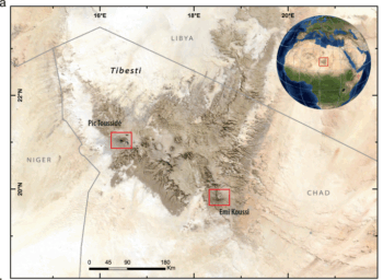 Satellite image of the Tibesti Mountains and close-up maps of the Trou au Natron and Era Kohor craters. Credit: Hoelzmann, P., Claussen, M., Dallmeyer, A. et al.