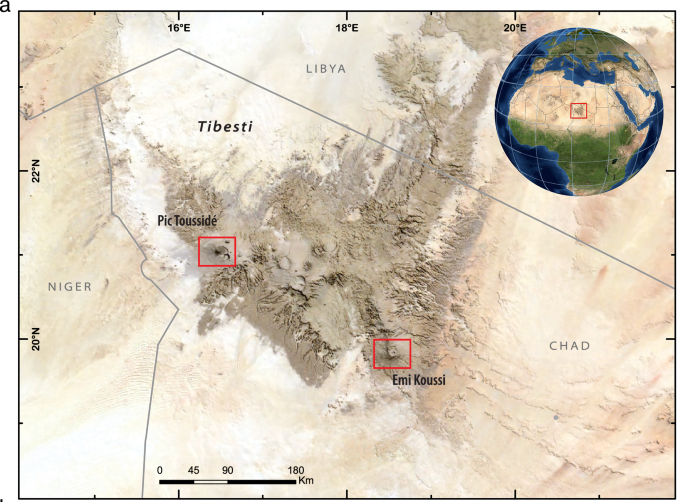Satellite image of the Tibesti Mountains and close-up maps of the Trou au Natron and Era Kohor craters. Credit: Hoelzmann, P., Claussen, M., Dallmeyer, A. et al.