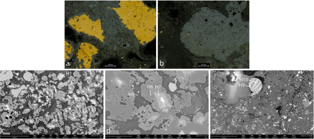  The results display copper prills (speck H1), tin oxides (specks H2, H6, H7), iron oxides (speck H5) and Sn-Cu prills (specks H8, H9), entrapped within a silica-rich slag (dark grey, specks H3, H4). Credit: PLOS ONE
