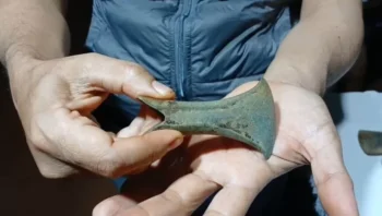 The conical axe, suspected to be a Bronze Age relic, was discovered by a resident of Paau Village, Aranio District, Banjar Regency. Credit: MADA FOR RADAR BANJARMASIN