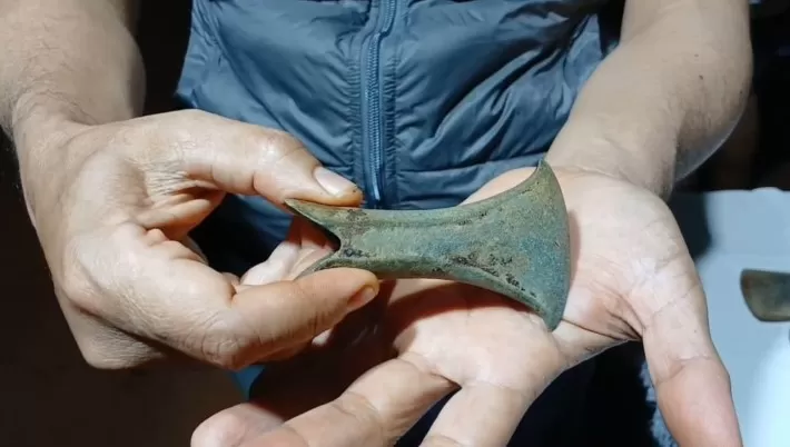 The conical axe, suspected to be a Bronze Age relic, was discovered by a resident of Paau Village, Aranio District, Banjar Regency. Credit: MADA FOR RADAR BANJARMASIN