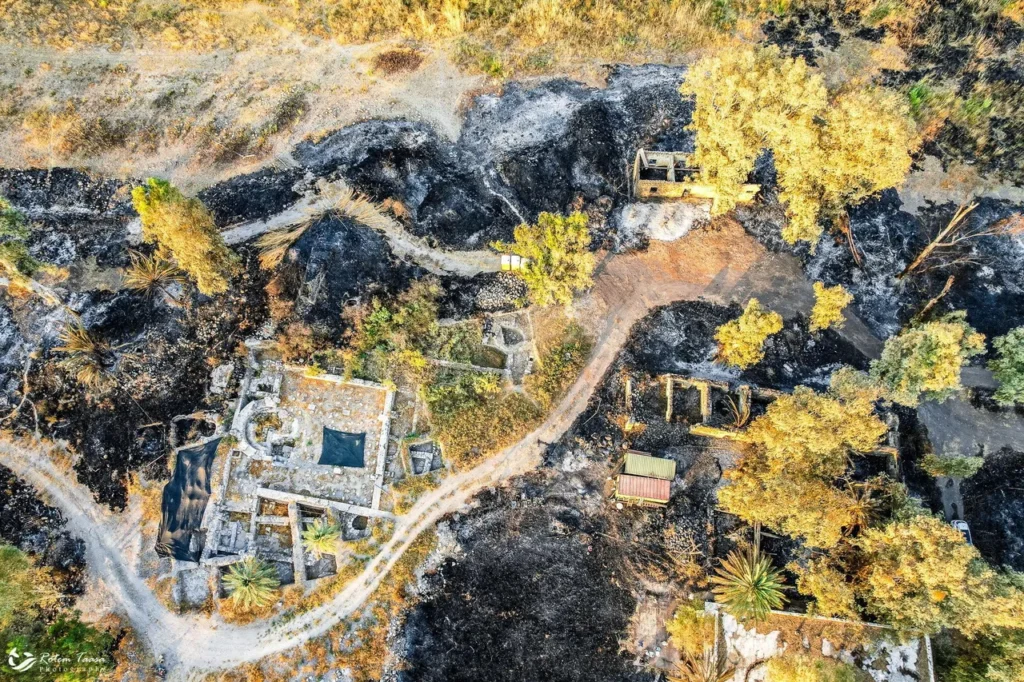 
The early Byzantine church is located at the lower left of the image; the wildfire approached the structure but did not penetrate its perimeter.
Credit: Rotem Taasa