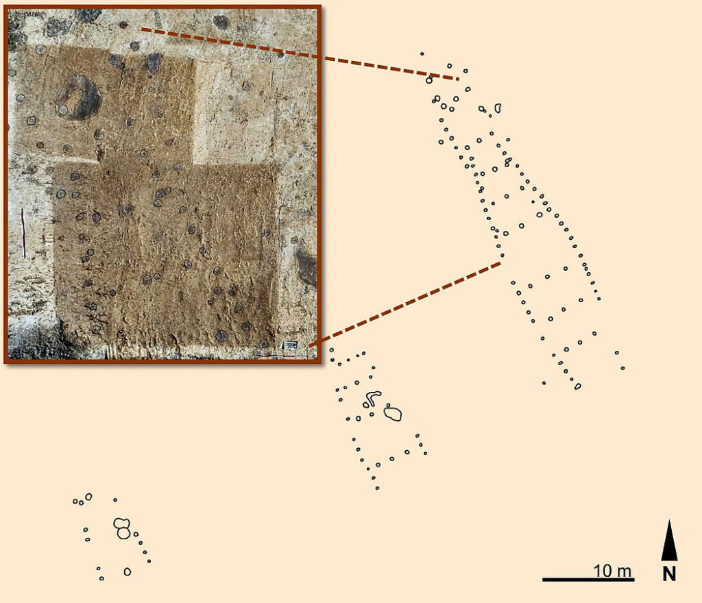 In the southern part of the excavation site, several floor plans of Neolithic houses built around 4700 BC were uncovered. The photo shows the area where two house layouts overlap. Graphic: LQ Archaeology / LWL Archaeology for Westphalia / M. Baales.