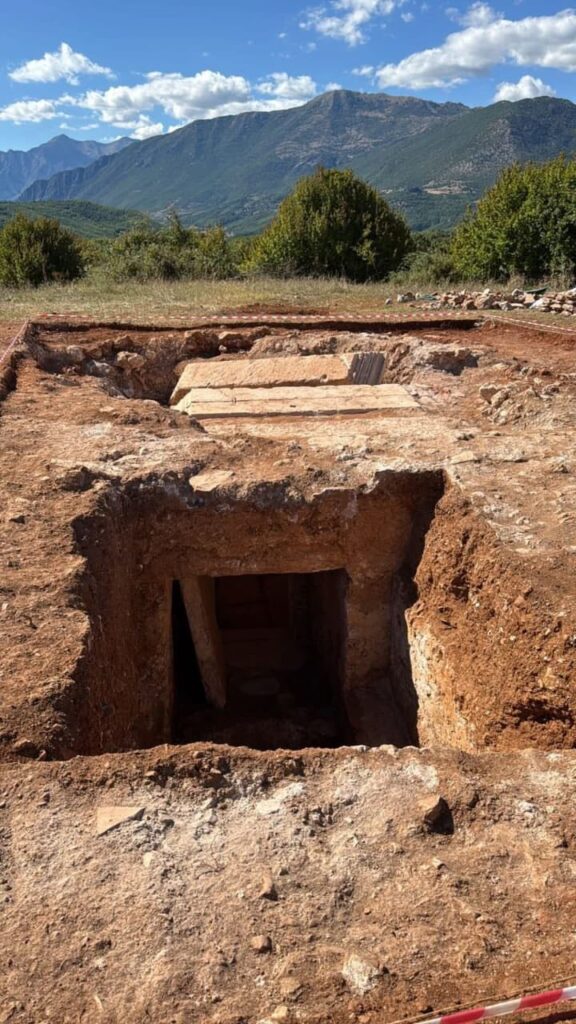 The tomb features a 2.4-meter-high burial chamber and a monumental staircase adorned with geometric motifs, as well as evidence suggesting it may have functioned as a mausoleum. Credit: Minister Blendi Gonxhja
