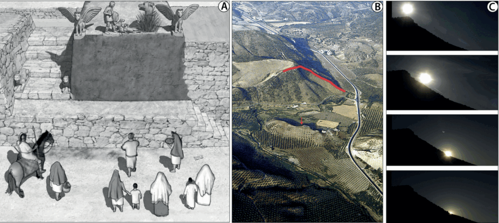 Idealized reconstruction of the El Pajarillo monument (Alberto Luque); B. Aerial view of the western visual basin (the arrow indicates El Pajarillo hill and the red line marks the eastern slope of Las Canteras hill); C. Photographic sequence of the sun-rolling effect on Las Canteras hill (observed from the heroon of El Pajarillo) (José Manuel Pedrosa