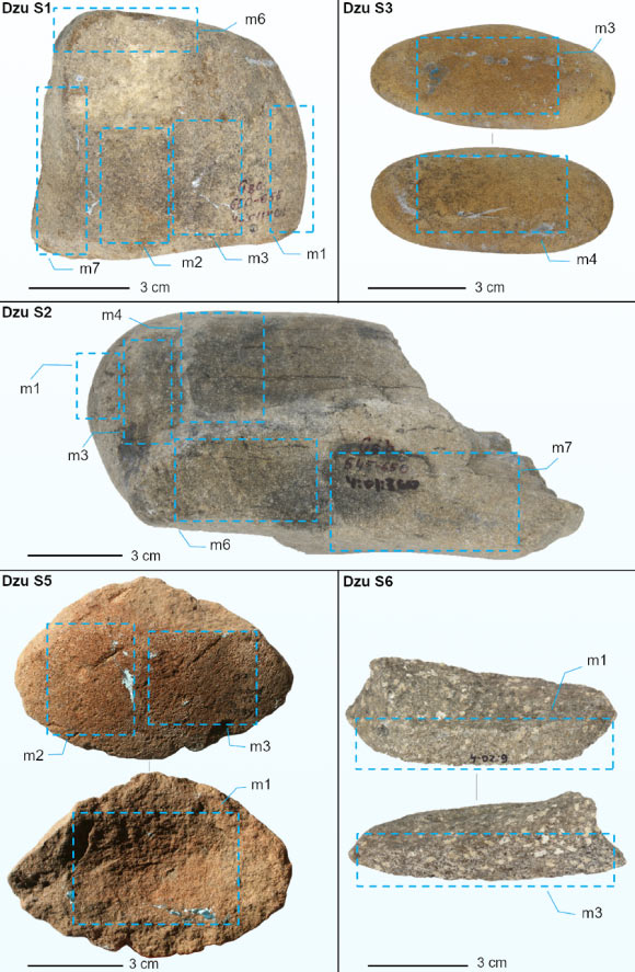 Five pebbles from Dzudzuana Cave, Georgia. Image credit: Longo et al., Doi: 10.1371/journal.pone.0321262.
