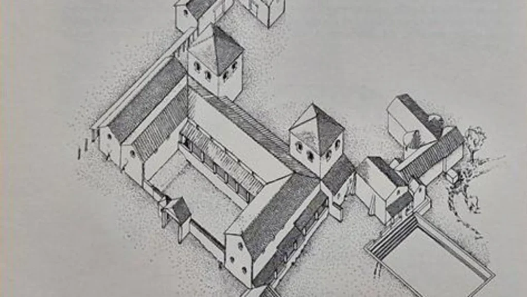A drawing detailing the reconstruction of the Gadebridge Roman villa by Dr Neal, showing the swimming pool (bottom right). Credit: Hemel Hempstead History Society