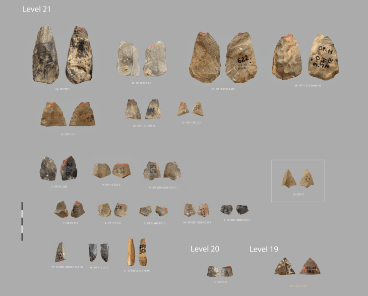 Obi-Rakhmat: Impacted points and bladelets. The unbroken Levallois point in the white frame (00 – OP X7) illustrates what the ideal type of micropoint was likely to be. H. Plisson et al., PLOS ONE