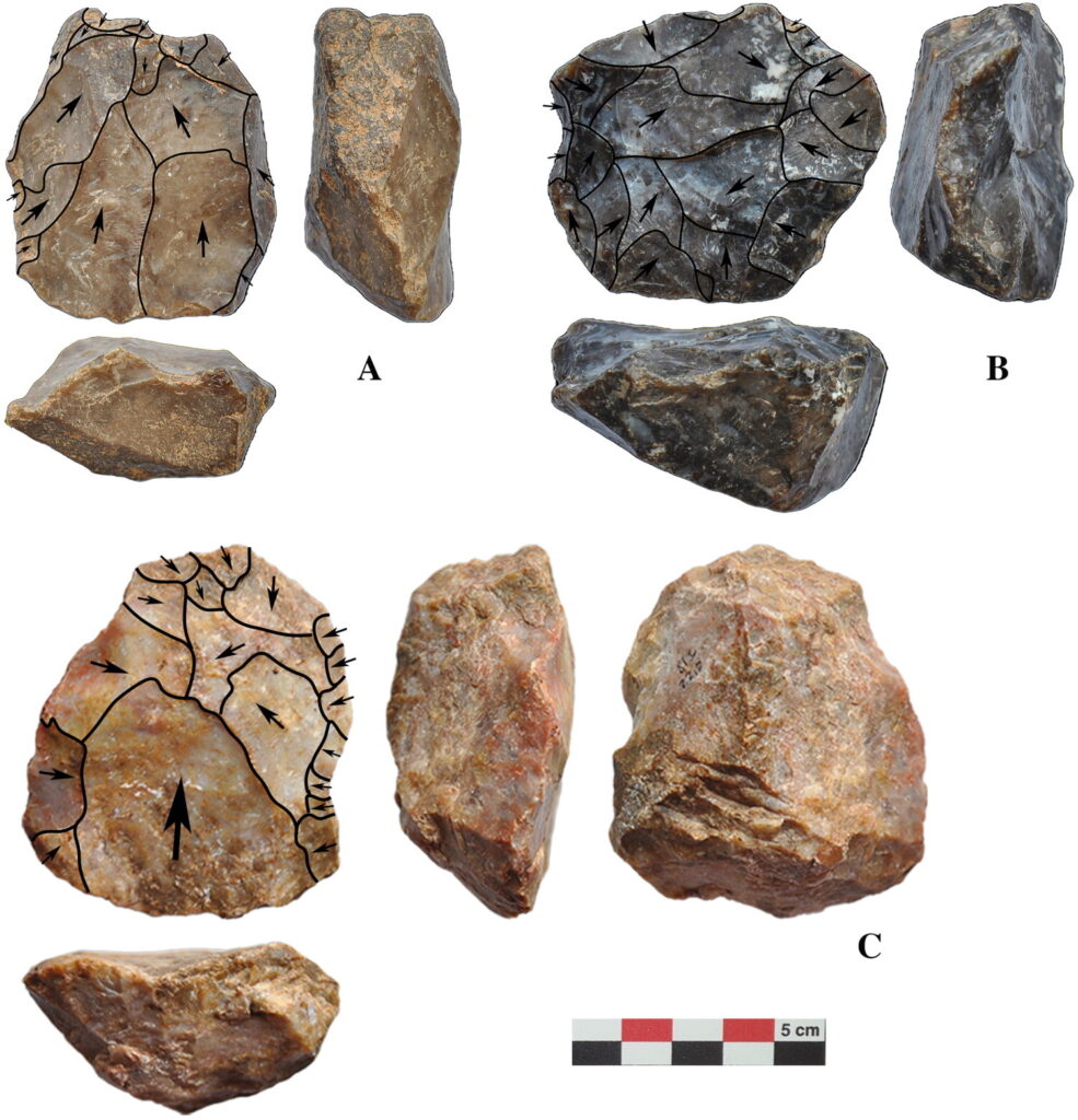 Cores. Levallois cores from Sahilkent (A and B); Levallois core from Şirinkent II (C). Credit: Journal of Island and Coastal Archaeology