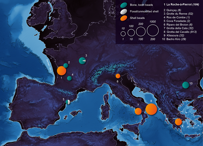 Map of Europe illustrating the categories of raw materials used for personal ornaments from pre-Aurignacian Upper Palaeolithic archaeological contexts. Note the regional peculiarity of La Roche-à-Pierrot, Saint-Césaire, where shells were used to make jewellery. Credit: Archéosphère