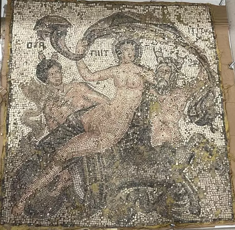 Seized ancient mosaics from Gaziantep depicting a crowned sea goddess—possibly Thetis or Tethys—surrounded by mythological sea figures such as Triton or Nereids. Credit: DHA