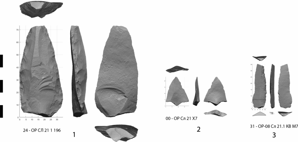 Three types of lithic weapon armature identified in layers 20 and 21 of Obi-Rakhmat: 1 – Large retouched point, 2 – micropoint (Levallois) and 3 – bladelet. Credit: H. Plisson et al., PLOS ONE