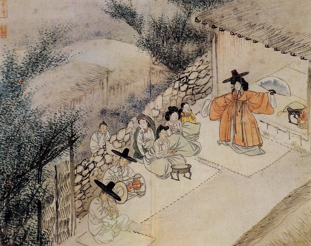 A mudang performs a gut in a painting titled Munyeo sinmu (무녀신무; 巫女神舞), made by Shin Yunbok in 1805. Credit: Wikipedia Commons