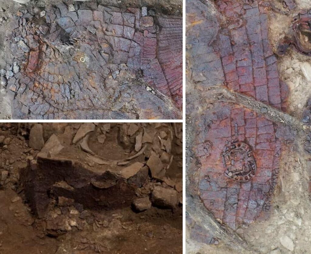 Armor and helmet sets for both a human and a horse were discovered in remarkable condition — only the second case of horse armor ever found in a Silla tomb, following the Joksaem C10 mound discovery in Gyeongju, North Gyeongsang Province. Credit: Yonhap