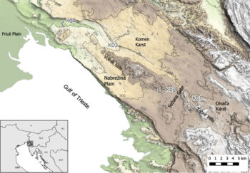 Location of the study area in the northern Adriatic hinterland, showing the four funnel-shaped stone structures identified on the Karst Plateau. The map highlights key landscape features connecting the Gulf of Trieste with the interior. Credit: Mlekuž Vrhovnik & Fabec, 2025.