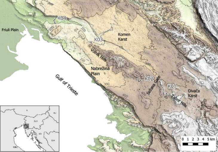Location of the study area in the northern Adriatic hinterland, showing the four funnel-shaped stone structures identified on the Karst Plateau. The map highlights key landscape features connecting the Gulf of Trieste with the interior. Credit: Mlekuž Vrhovnik & Fabec, 2025.