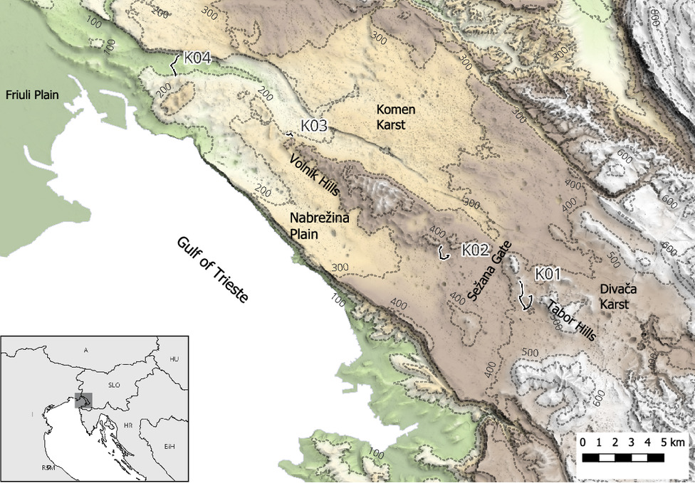Location of the study area in the northern Adriatic hinterland, showing the four funnel-shaped stone structures identified on the Karst Plateau. The map highlights key landscape features connecting the Gulf of Trieste with the interior. Credit: Mlekuž Vrhovnik & Fabec, 2025.