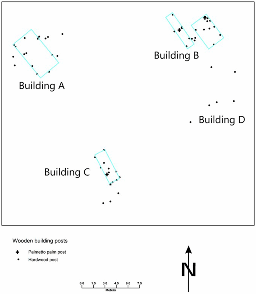 Map of wooden posts and building outlines. Credit: McKillop & Sills, 2025, Ancient Mesoamerica.