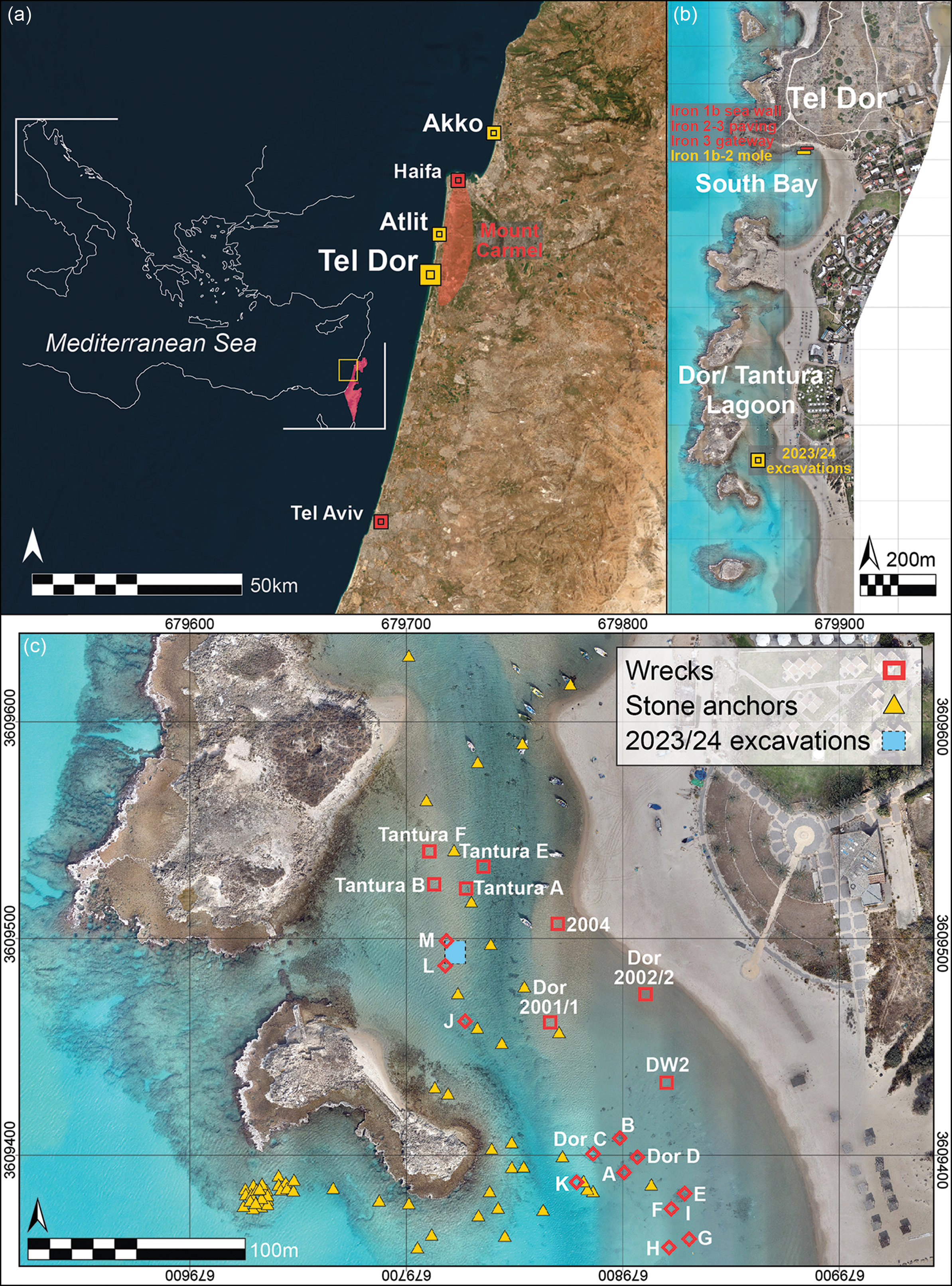 Maps showing the location of the Dor (Tantura) Lagoon and the positions of the newly discovered Iron Age shipwrecks (Dor L and Dor M) within the ancient southern harbor area. Figure by Marko Runjajić, Credit: Yasur-Landau et al. (2025), Antiquity.