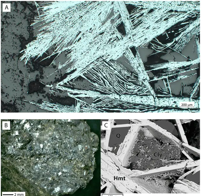 
Optical photomicrograph (A), low-power microscope image (B), and SEM backscatter image (C) of the hematite sample (HAE) recovered near the Kvemo Bolnisi workshop. The platy hematite crystals (Hmt) are embedded in a matrix of quartz (Q), feldspar, and clay minerals (Cly). Credit: Erb-Satullo, N. L., & Klymchuk, B. W. (2025)- Journal of Archaeological Science.