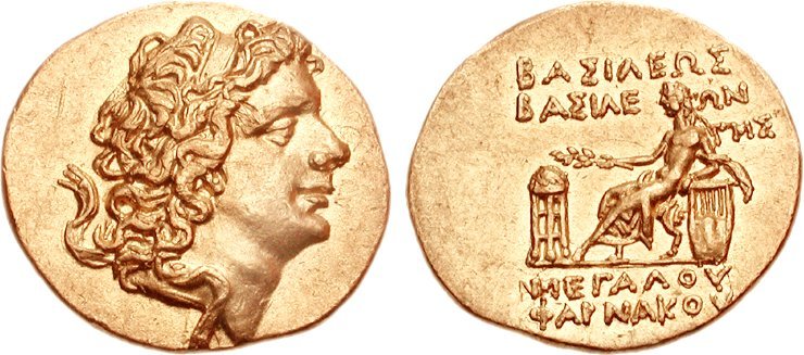 Pharnakes. Circa 63-46 BC. AV Stater. Pantikapaion mint. Dated Pontic Era 243 (55/4 BC). Diademed head right / BAΣIΛEΩΣ BAΣIΛEΩN MEΓAΛOY ΦAPNAKOY, Apollo seated left on lion-footed throne, holding branch in extended right hand, left arm resting on kithara; tripod to left, ΓMΣ (date) to left.