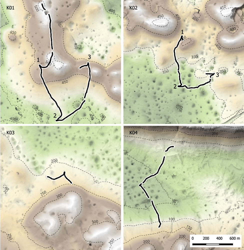 Plans of the four funnel-shaped stone structures (K01–K04) identified by airborne laser scanning, showing guiding walls and pit enclosures within their landscape setting. Credit: Mlekuž Vrhovnik & Fabec, 2025.