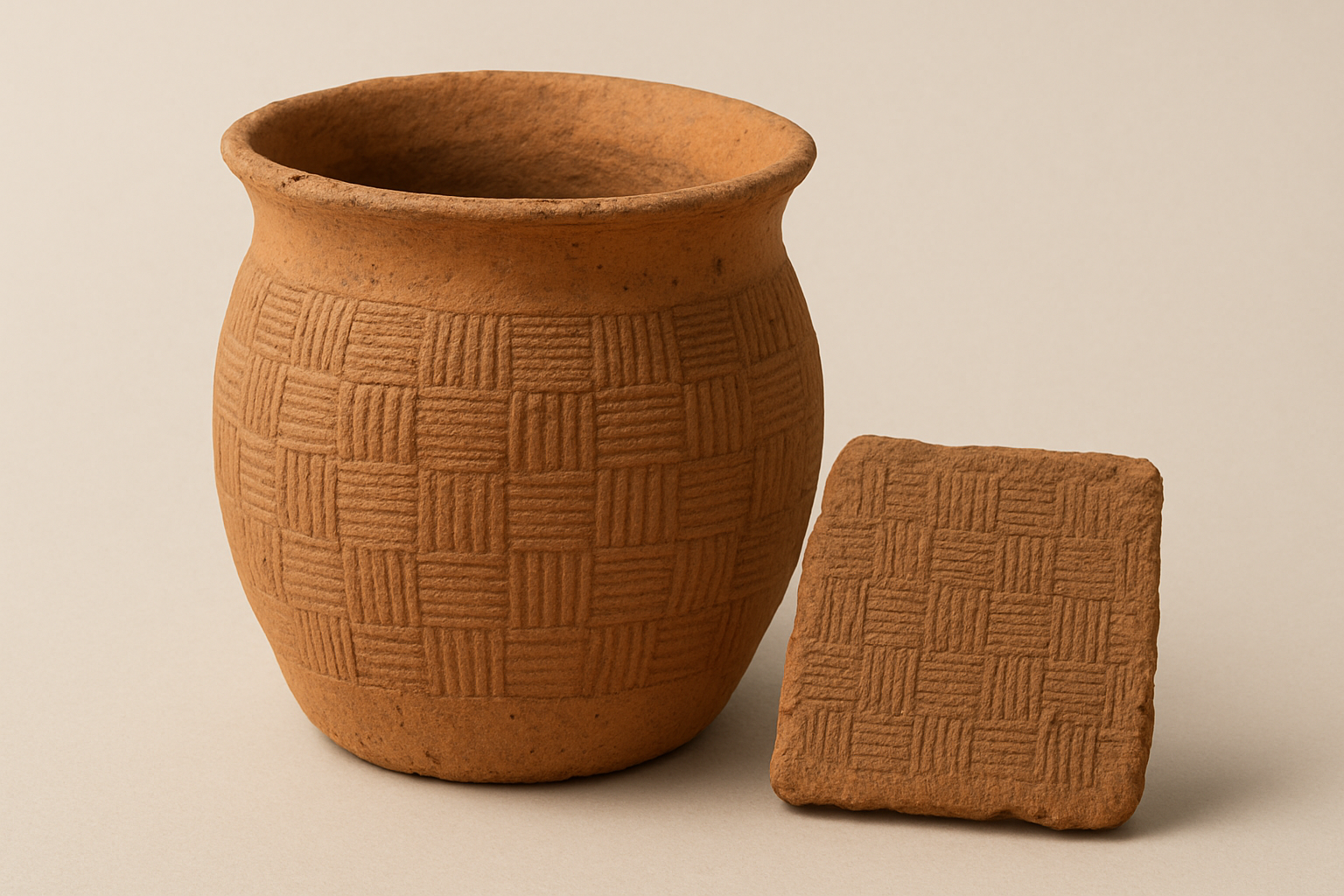 Representational image: a clay vessel featuring a textile-imprint checkerboard pattern, created with artificial intelligence to illustrate the type of pottery described by archaeologists from the Novosibirsk region.