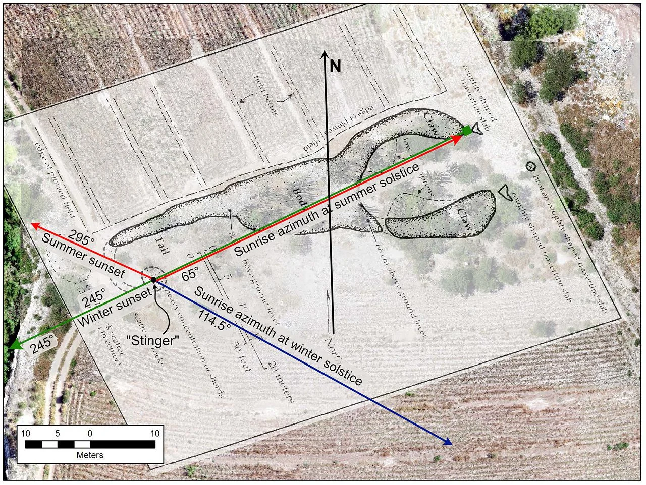 Map showing the Scorpion Mound in Mexico’s Tehuacán Valley, with the probable solar paths during the summer and winter solstices indicated. The alignment suggests the mound functioned as a seasonal observatory. Credit: J. Neely et al., Ancient Mesoamerica (2025)