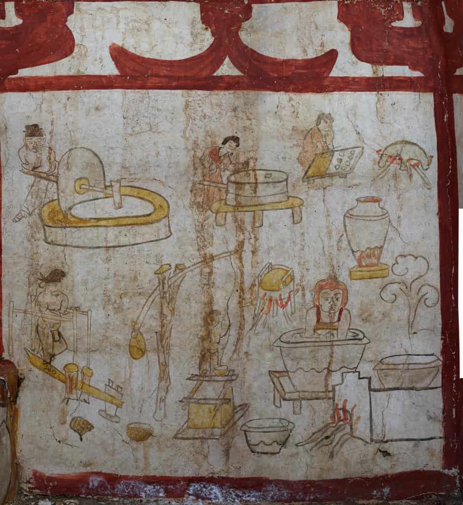 Every inch of the tomb’s walls — except the floor — is covered in vivid murals depicting scenes of Tang-era life. Farmers thresh grain, women fetch water from wells, cooks prepare noodles, and attendants lead horses and camels. Credit: Shanxi Provincial Institute of Archaeology.